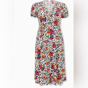 Betsey Johnson White Leopard Floral Challis Fit & Flare Midi Dress NWT Size 16